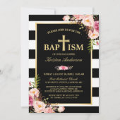 Doop - Elegante bloemen goud zwart witte strepen Kaart (Voorkant)