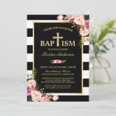 Doop - Elegante bloemen goud zwart witte strepen Kaart (Staand voorkant)