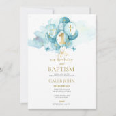 Doop en 1e verjaardag Blue Balloon Uitnodiging (Voorkant)