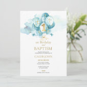 Doop en 1e verjaardag Blue Balloon Uitnodiging (Staand voorkant)