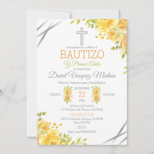 Doop en 1e verjaardag in Spaanse gele bloemen Kaart (Voorkant)