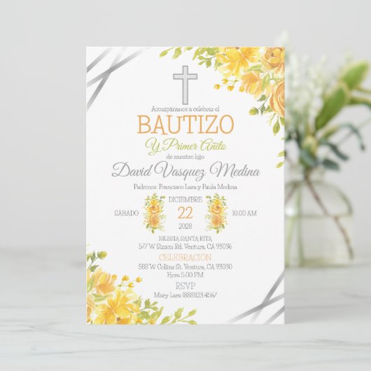 Doop en 1e verjaardag in Spaanse gele bloemen Kaart (Staand voorkant)
