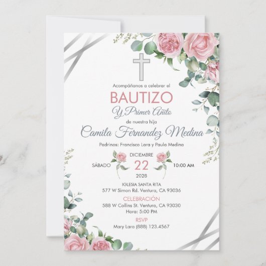 Doop en 1e verjaardag In Spaanse roze rozen Kaart (Voorkant)
