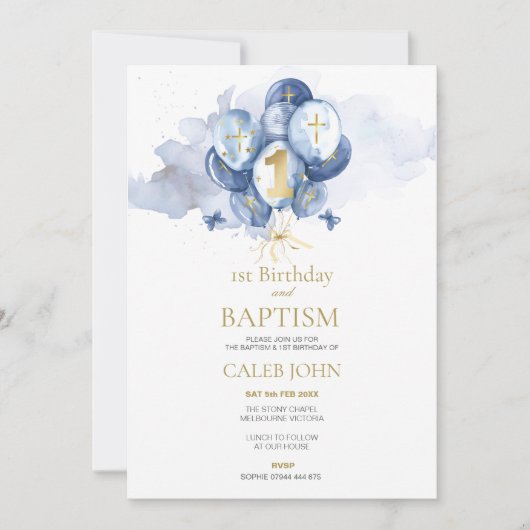 Doop en 1e verjaardag Marine Ballon Uitnodiging (Voorkant)