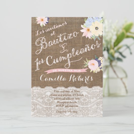 Doop en 1e verjaardag, uitnodigingen voor meisje (Staand voorkant)