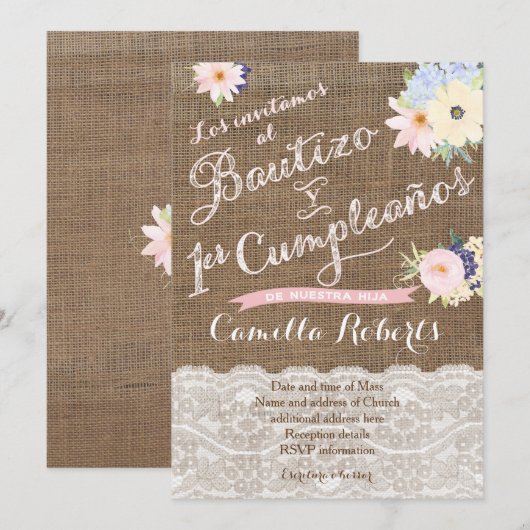 Doop en 1e verjaardag, uitnodigingen voor meisje (Voorkant / Achterkant)