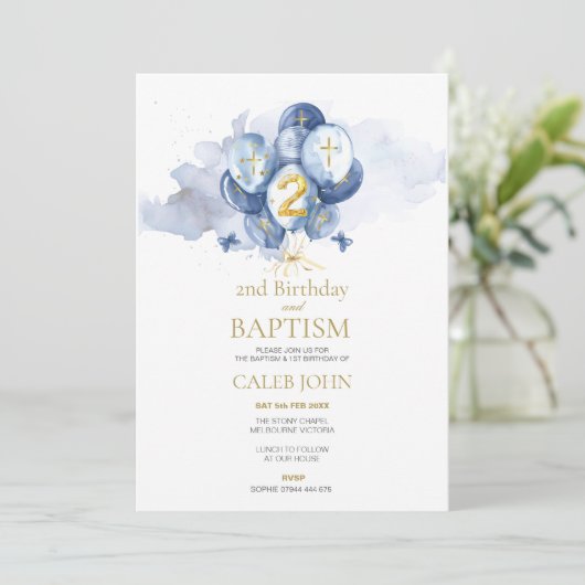 Doop en 2e verjaardag Marine en goud uitnodiging (Staand voorkant)