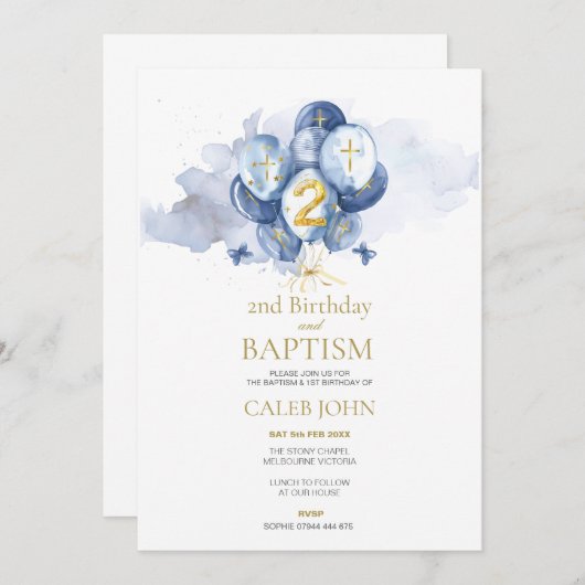 Doop en 2e verjaardag Marine en goud uitnodiging (Voorkant / Achterkant)