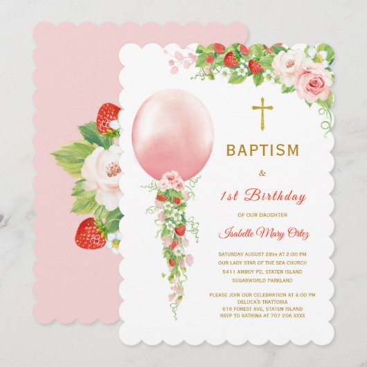 Doop en Eerste Verjaardag Aardbei Kaart (Voorkant / Achterkant)