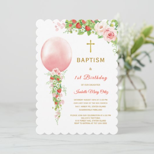 Doop en Eerste Verjaardag Aardbei Kaart (Staand voorkant)