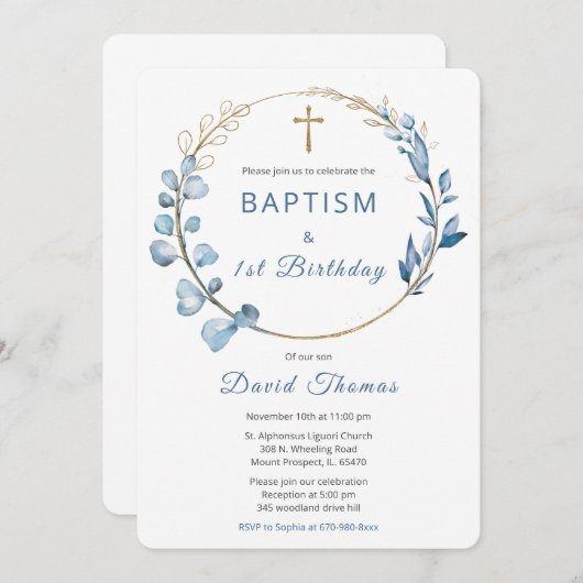 Doop en Eerste Verjaardag Jongen Kaart (Voorkant / Achterkant)