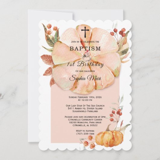 Doop en eerste verjaardag pompoen meisje kaart (Voorkant)