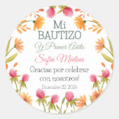 Doop en Eerste Verjaardag Schattige Roze Bloemen Ronde Sticker (Voorkant)