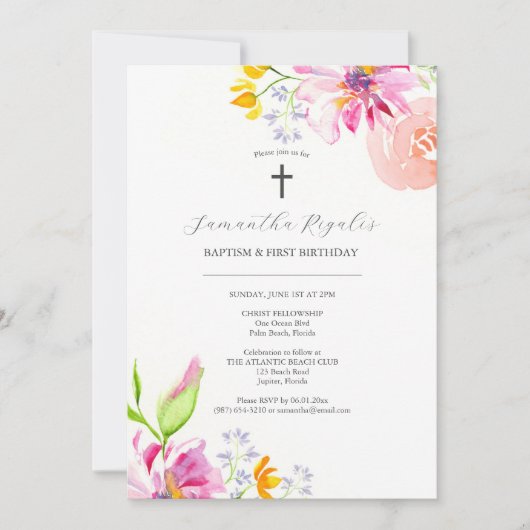 Doop en Eerste Verjaardag Uitnodigingen Roze Bloem (Voorkant)