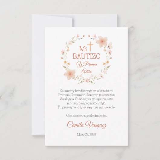 Doop en Eerste Verjaardag Waterverf Roze Bloemen Bedankkaart (Voorkant)