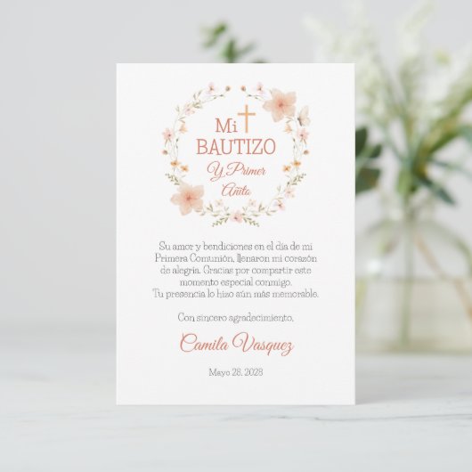 Doop en Eerste Verjaardag Waterverf Roze Bloemen Bedankkaart (Staand voorkant)