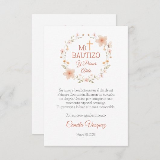 Doop en Eerste Verjaardag Waterverf Roze Bloemen Bedankkaart (Voorkant / Achterkant)