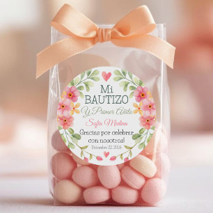 Doop en Eerste Verjaardag Waterverf Roze Bloemen Ronde Sticker