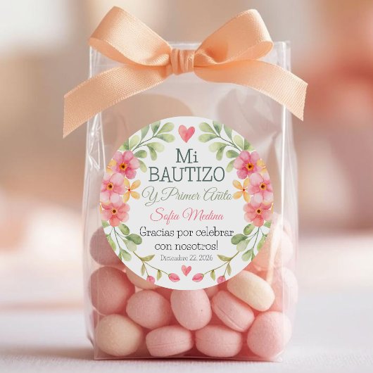 Doop en Eerste Verjaardag Waterverf Roze Bloemen Ronde Sticker