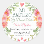 Doop en Eerste Verjaardag Waterverf Roze Bloemen Ronde Sticker (Voorkant)