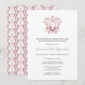 Doop- en eerste verjaardagsuitnodigingen Stof Roze Kaart (Voorkant / Achterkant)