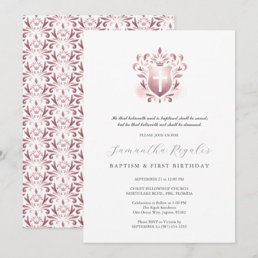 Doop- en eerste verjaardagsuitnodigingen Stof Roze Kaart (Voorkant / Achterkant)