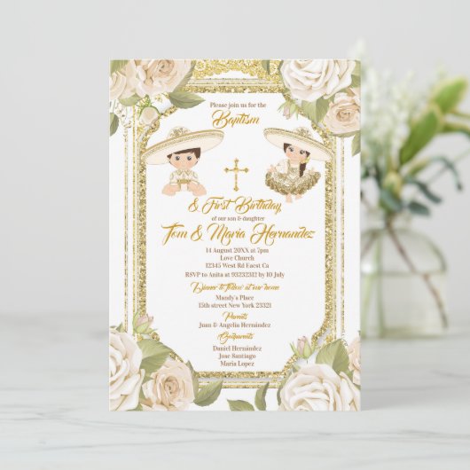 Doop en Verjaardag Wit Bloemen Twin Boy Meisje Kaart (Staand voorkant)