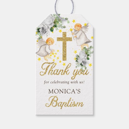 Doop Engelen Goud Glitter Geslacht Neutraal Cadeaulabel (Voorkant)