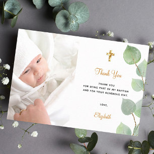 Doop eucalyptus aangepaste foto wit goud bedankkaart