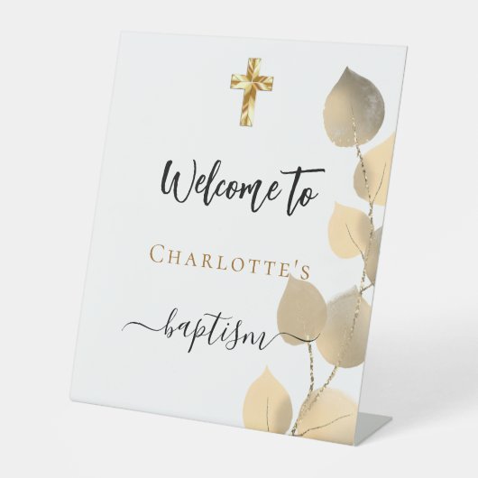 Doop eucalyptus gouden welkom reclamebord met voetstuk (Voorkant)