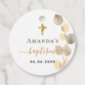 Doop eucalyptus gouden witte kruis bedankjes labels (Voorkant)