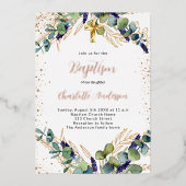 Doop eucalyptus groen goud glitters folie uitnodiging (Voorkant)