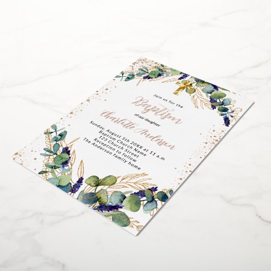 Doop eucalyptus groen goud glitters folie uitnodiging (Gedraaid)