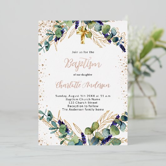 Doop eucalyptus groen goud glitters folie uitnodiging (Staand Voorkant)