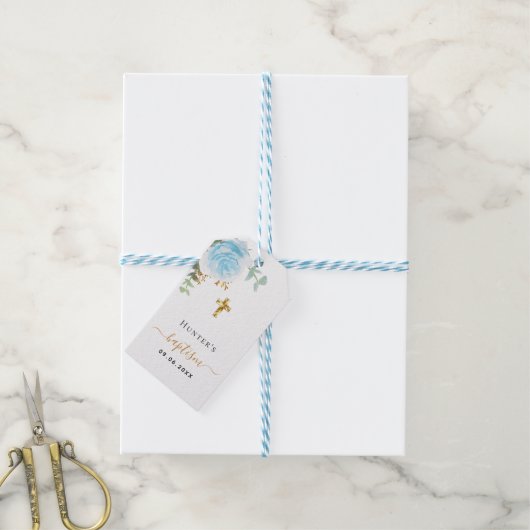 Doop eucalyptus lichtblauw bloemenjongen cadeaulabel (Met Touw)