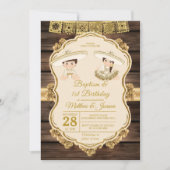 Doop Fiesta Twin Jongen & Meisje Hout 1e Verjaarda Kaart (Voorkant)