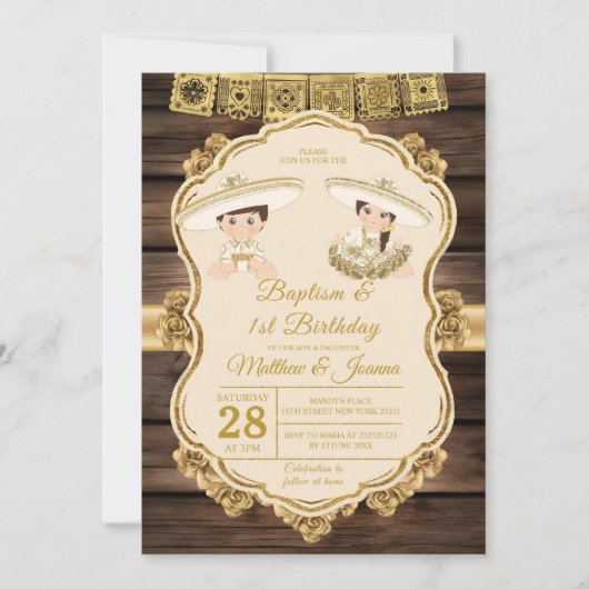 Doop Fiesta Twin Jongen & Meisje Hout 1e Verjaarda Kaart (Voorkant)