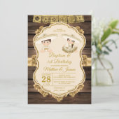 Doop Fiesta Twin Jongen & Meisje Hout 1e Verjaarda Kaart (Staand voorkant)