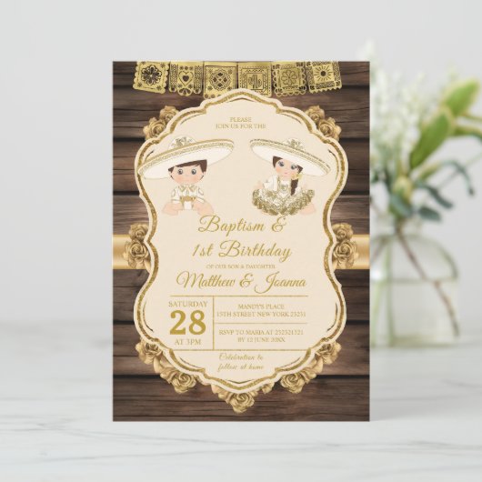 Doop Fiesta Twin Jongen & Meisje Hout 1e Verjaarda Kaart (Staand voorkant)