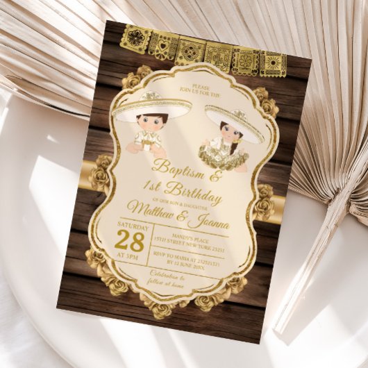 Doop Fiesta Twin Jongen & Meisje Hout 1e Verjaarda Kaart