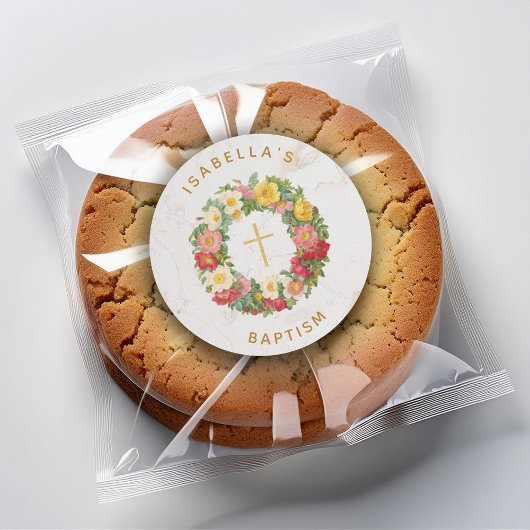 Doop Floral Gold Cross Wild Roos Krans Marmer Ronde Sticker