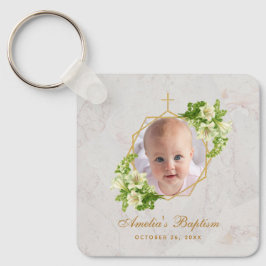 Doop Foto Bloem Geometrisch Witte Lelies Marmer Sleutelhanger