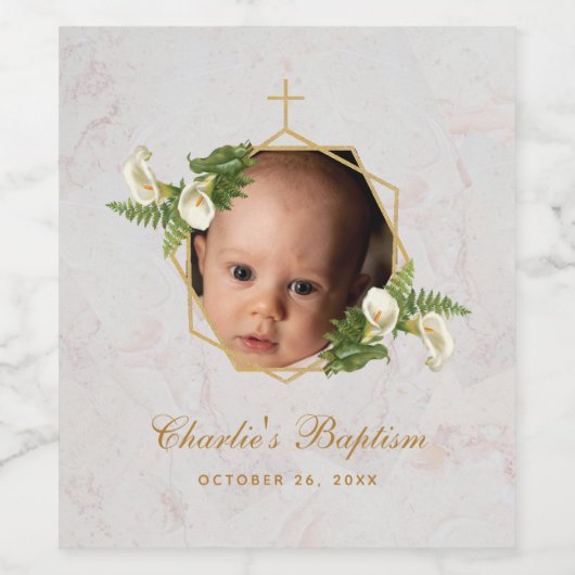 Doop Foto Bloemen Calla Lilies Goud Marmer Wijn Etiket (Enkel label)