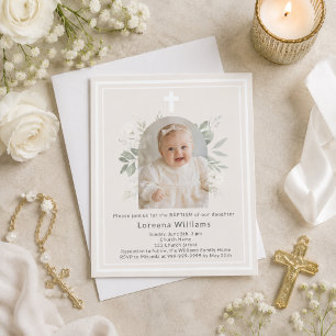 Doop foto bloemen ivoor beige meisje uitnodiging