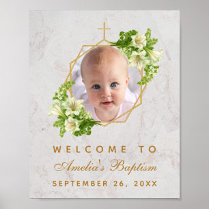 Doop Foto Meisje Witte Lelies Gouden Welkom Bord Poster