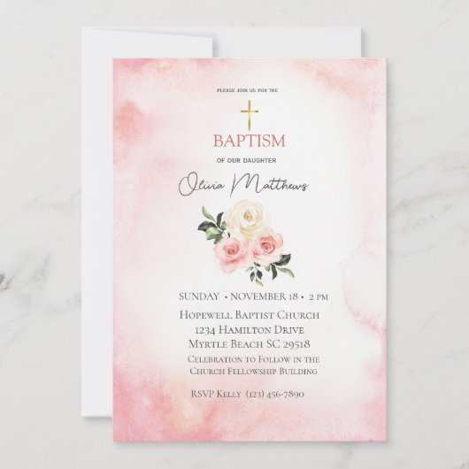 Doop Goud Kruis Roze Bloemen Kaart (Voorkant)