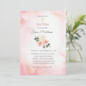 Doop Goud Kruis Roze Bloemen Kaart (Staand voorkant)