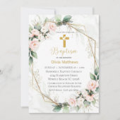 Doop Goud Kruis Roze Bloemen Meisjes Kaart (Voorkant)