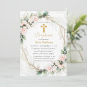 Doop Goud Kruis Roze Bloemen Meisjes Kaart (Staand voorkant)