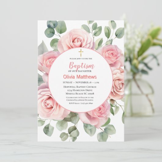 Doop Goud Kruis Roze Rozen Meisjes Kaart (Staand voorkant)